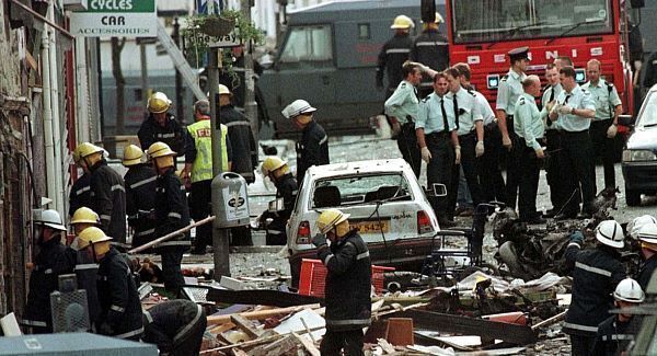 Rescue workers and police search for survivors following the bomb blast in Omagh in August 1998