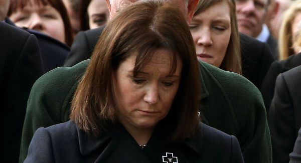 Nicola Golden, wife of murdered Garda Tony Golden, as the funeral procession arrives.