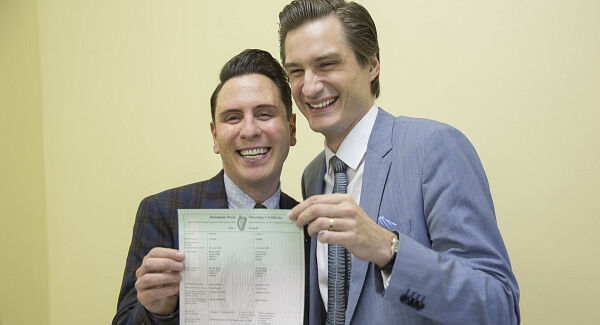 Richard Dowling and Cormac Gollogly, one of the first same-sex couples to celebrate their marriage in Ireland, after their ceremony in Clonmel, Co Tipperary. Pic: John D Kelly