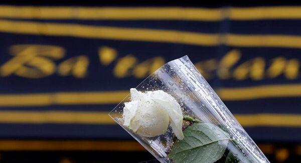 A rose is placed in front of the Bataclan concert hall in Paris.