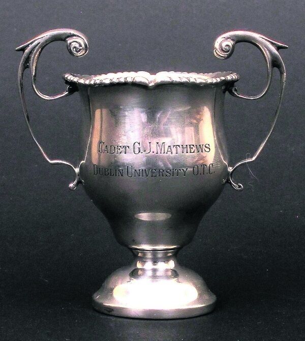 A silver cup presented to Cadet George J Mathews, Dublin University Officer Training Corps, for his role inthe defence of Trinity College Dublin in 1916. Picture: Whyte’s/whytes.ie