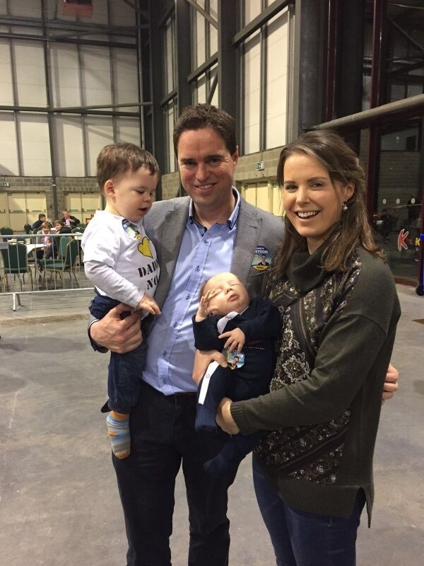 Re-elected Fine Gael TD Martin Heydon with his wife, Bríanne and their two sons, Martin Denis (16 months) and Pádraic (seven weeks old), at the Kildare South count centre in Punchestown last Saturday. Re-elected Fine Gael TD Martin Heydon with his wife, Bríanne and their two sons, Martin Denis (16 months) and Pádraic (seven weeks old), at the Kildare South count centre in Punchestown last Saturday.