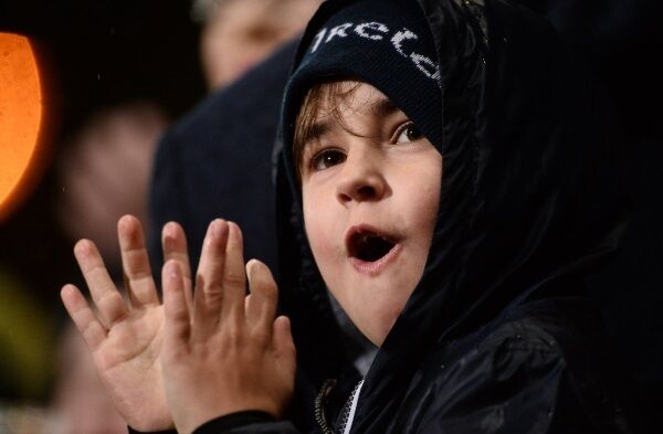 Sean Quilter, aged 9, from Castletroy, Limerick, celebrates his side’s first try during the match. Picture: Diarmuid Greene/Sportsfile