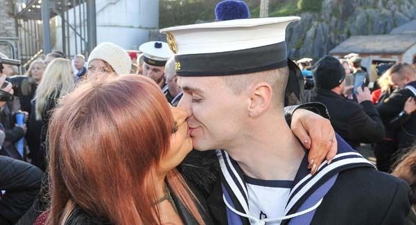 Leading Comm. Op. Daniel Murphy from Cloyne, Co. Cork, is welcomed home by his fiancee Shauna Morgan from Blackrock. Pic: David Keane.
