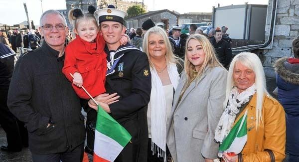 Able seaman Martin Kerrigan from Dublin with his family. Pic: David Keane.