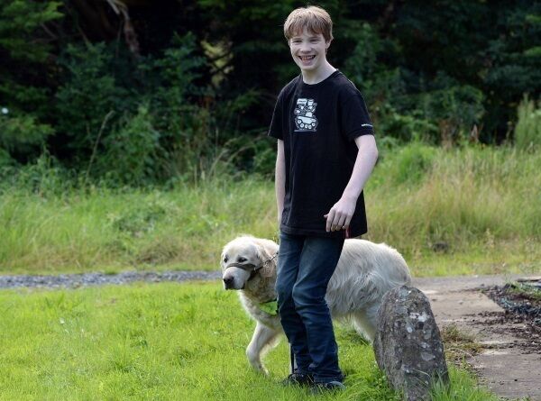 Luke Kelly-Melia and his assistance dog, a golden retriever called Aidan. Aidan has prevented Luke, who has cerebral palsy, from falling and has helped him develop physically.Luke’s school banned the dog from the premises — his mother says the family got the letter telling them of this on the last day before Christmas. Picture: Eric Luke / The Irish Times