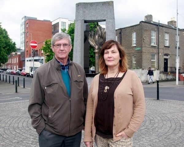 Joe Dowling and Irene Crawley, HOPE community centre, in front of the addiction monument on Sean McDermott St, Dublin. They have helped hundreds of people get drug free in recent years.