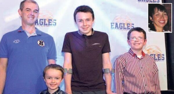 Alan Hawe with his sons Ryan, 6, Liam, 13, and Niall, 11, and his wife Clodagh, inset.