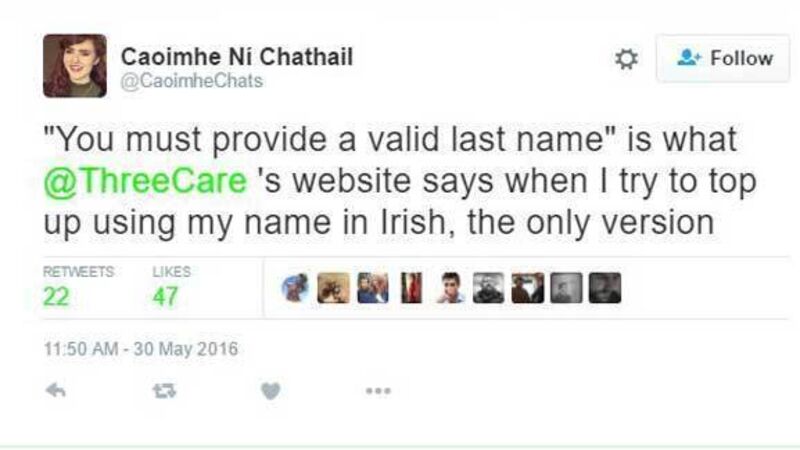 Three criticised for suggesting Irish customer translate her name to English Three criticised for suggesting Irish customer translate her name to English