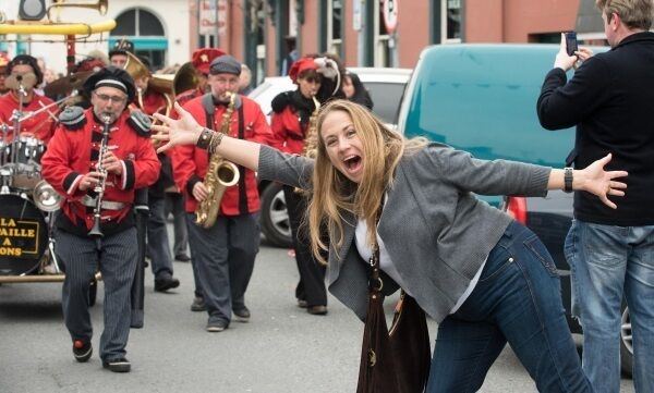 Ronda Truman, Alaska, photobombs the French Connection band at The Guinness Kinsale Fringe Jazz Festival. Picture: John Allen