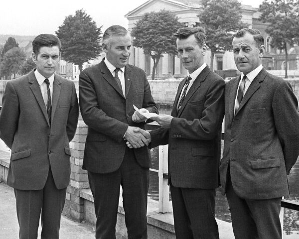 Second from left Peter Barry opens the Cork Butter Exchange Prize Brass and Reed Band new instrument fund, with from left, Denis O’Regan, Michael Hurley, and Denis O’Driscoll on June 12, 1970. Picture: Staff