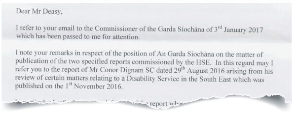 Extract from a letter sent by Assistant Commissioner Eugene Corcoran on January 5, responding to Mr Deasy’s email of January 3 Extract from a letter sent by Assistant Commissioner Eugene Corcoran on January 5, responding to Mr Deasy’s email of January 3