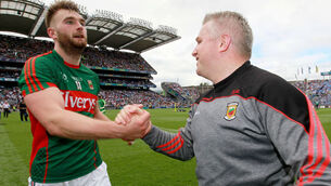 Aidan O'Shea and Stephen Rochford celebrate at the final whistle 6/8/2016