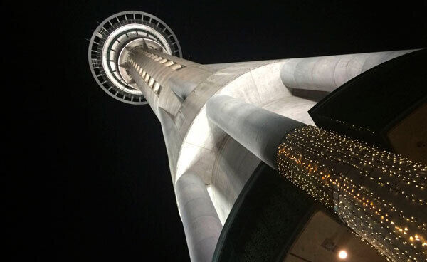 Auckland Sky Tower at night. It’s 328 M (1,076 ft) tall from ground level to the top of the mast, making it the tallest free-standing structure in the Southern Hemisphere.