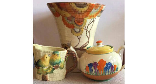 A selection of Clarice Cliff ceramics is featured at Hibernian Antique Fairs’ event at the South Court Hotel in Limerick next Saturday and Sunday.