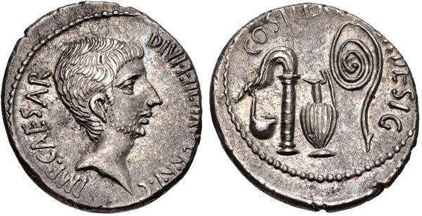 Silver Denarius of Octavian (later Emperor Augustus), shown in the summer of 37BC. Museum rarity.