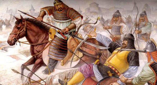 Genghis Khan battle scene painting: Using the skills of his cavalry, brutal tactics and efficient bureaucracy, he managed to conqueor vast swathes of Asia and eastern Europe.