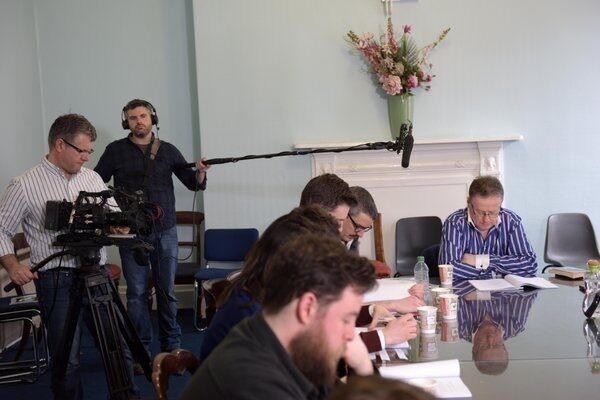 Shane Paul O'Doherty being filmed at a read-through of his play "Belvedere Boy - Kevin Barry".