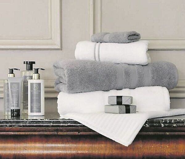 Francis Brennan collection for Dunnes Stores includes stripe hand towel, €12, stripe bath towel, €25. Picture: Barry Murphy. Stylist: Ann Marie O’Leary