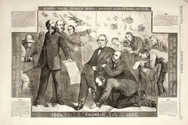 1865: Vice-President Andrew Johnson was tired and emotional at the second inauguration of Abraham Lincoln.