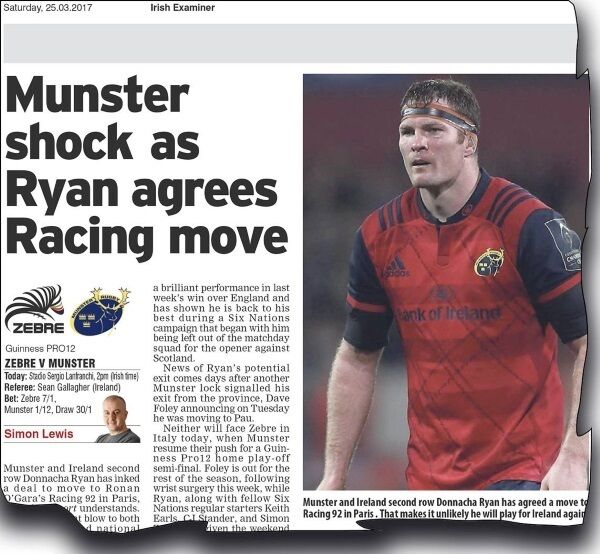 The ‘Irish Examiner’ last Saturday revealed Donnacha Ryan had signed a contract with Racing 92 and Erasmus said Munster had been unable to make him a good enough offer.