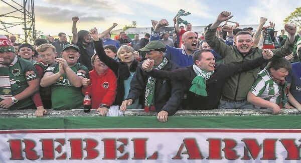 Cork City supporters celebrate the second goal in the 3-0 win over Dundalk at Oriel Park. Sean Maguire scored all three goals against the reigning champions and the prolific striker will be a big loss when he joins Preston at the end of next month. Picture: Ramsey Cardy