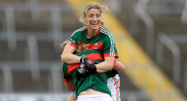 Cora Staunton is raised aloft by Fiona McHale after Mayo’s shock win over Cork in the TG4 Ladies Senior All-Ireland Football Championship semi-final. Picture: Donall Farmer