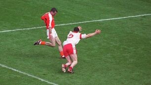 Tyrone’s Conor Gormley blocks a late shot from McDonnell in the 2003 All-Ireland final. Armagh almost became a caricature of themselves that year and went on to lose the showdown. Picture: Ray McManus
