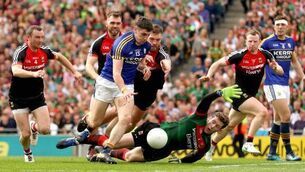 Keith Higgins, Seamus O’Shea, Aidan O’Shea, David Clarke and Colm Boyle tackle Paul Geaney 26/8/2017