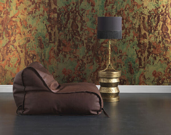 Piet Hein Eek’s industrial style wallpaper designs for NLXL include Spoiled Copper Metallic (€359 p/roll).