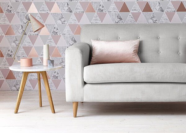 Graham & Brown’s Reflections in rose gold features geometric patterns with triangular reflective panels, also available in silver, copper and mint (€40 p/roll).