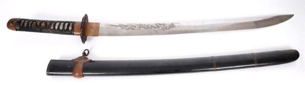 A Japanese Shinto tachi sword in black lacquer saya at Whyte’s (3,000-5,000).
