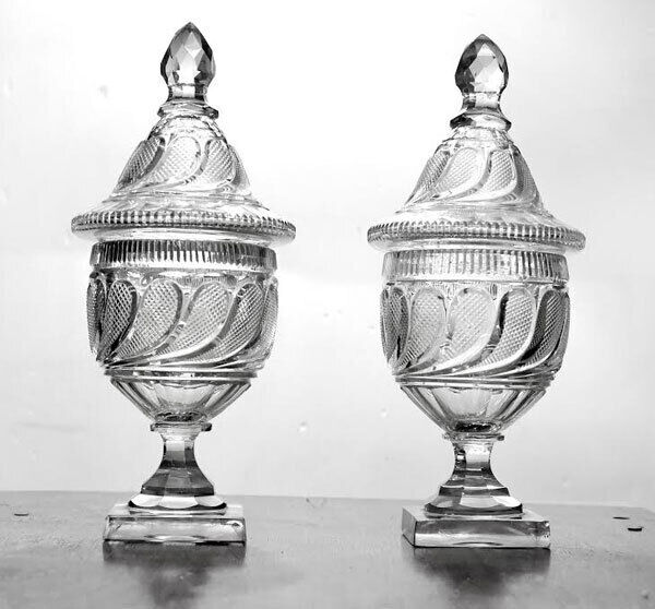 A pair of antique Irish cut glass urns at Lynes and Lynes.