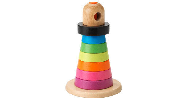 Stacking toys are proven brain prompts for babies and toddlers. This great variation on the classic ring stacker features 7 bright and cheerful rings, with the top one spinning like a windmill. The round pieces have 2 holes so kids can learn about 3D, €18.40, www.littlebabycompany.com IKEA do a similar MULA design at €9.