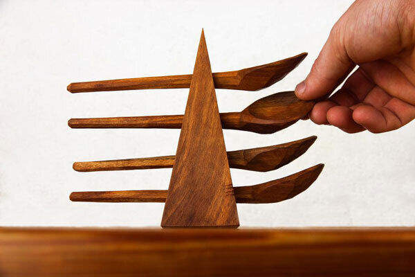 The Pyramid is a brand new set of four hand-carved eating spoons, that come with a pyramidal stand. The spoons are inspired by examples from the Tudor period and are designed to feel great in the hand and in the mouth. The Pyramid is a brand new set of four hand-carved eating spoons, that come with a pyramidal stand. The spoons are inspired by examples from the Tudor period and are designed to feel great in the hand and in the mouth.