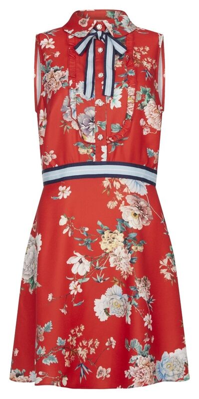 River Island red floral print, high collar dress, €47. River Island red floral print, high collar dress, €47.