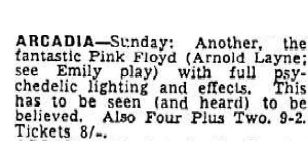 Advertisement from the Cork Examiner in September 1967 for Pink Floyd at the Arcadia, Cork