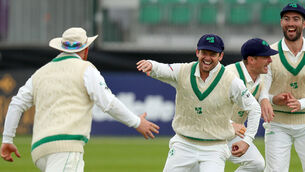 Paul Stirling, Ed Joyce, William Porterfield and Andrew Balbirnie celebrate the dismissal of Azhar Ali bowled by Tim Murtagh  15