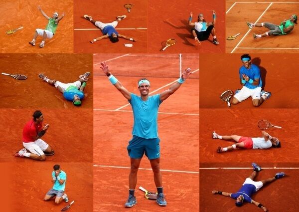 Rafael Nadal celebrating his individual 11 French Open titles at Roland Garros: 2005, 2006, 2007, 2008, 2010, 2011, 2012, 2013, 2014, 2017, and 2018. Pic: Getty