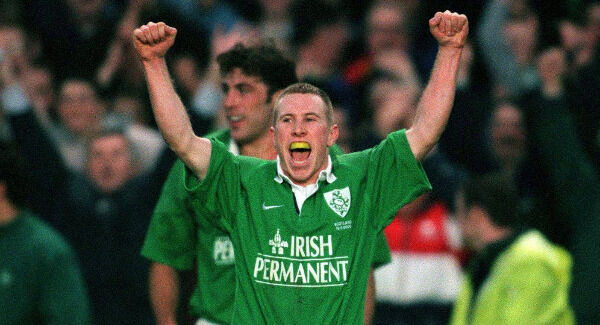 Peter Stringer celebrates victory over Scotland in the Six Nations in February 2000, the scrum-half’s first start for his country. Picture: Patrick Bolger