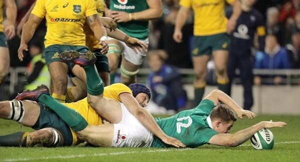 Garry Ringrose scoring a try against Australia during the 2016 November series. Garry Ringrose scoring a try against Australia during the 2016 November series.