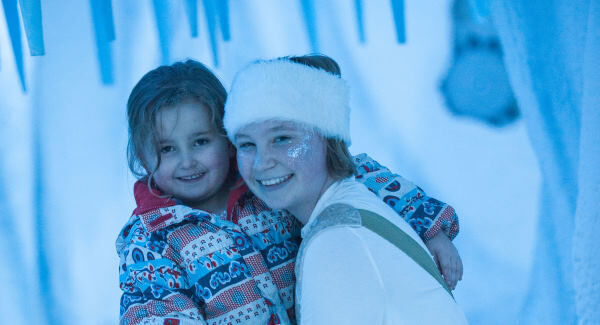 Natalie Ryan, 4, gets a hug from Peppermint Wintertoes in the ice tunnel at Fota Island’s Beyond. Picture: Brian Lougheed