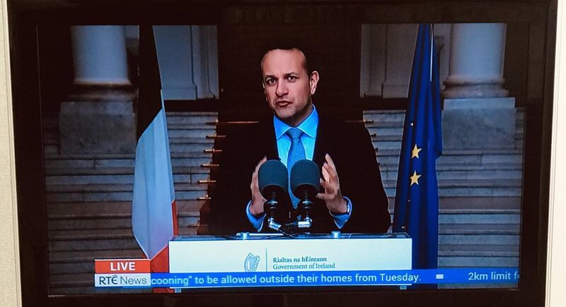Taoiseach Leo Varadkar addressing the public as he announces restrictions extended until 18 May. Pic Collins Photos