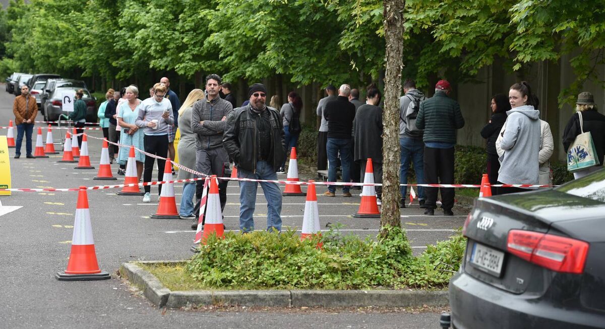 Queues outside Woodies at Kinsale Road in Cork city on the first day of relaxation of Covid constraints. Pic: Provision