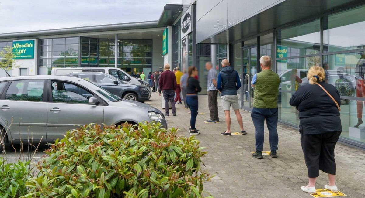 A social distanced queue outside Woodies in Carrick-on-Shannon. Pic. Gerry Faughnan
