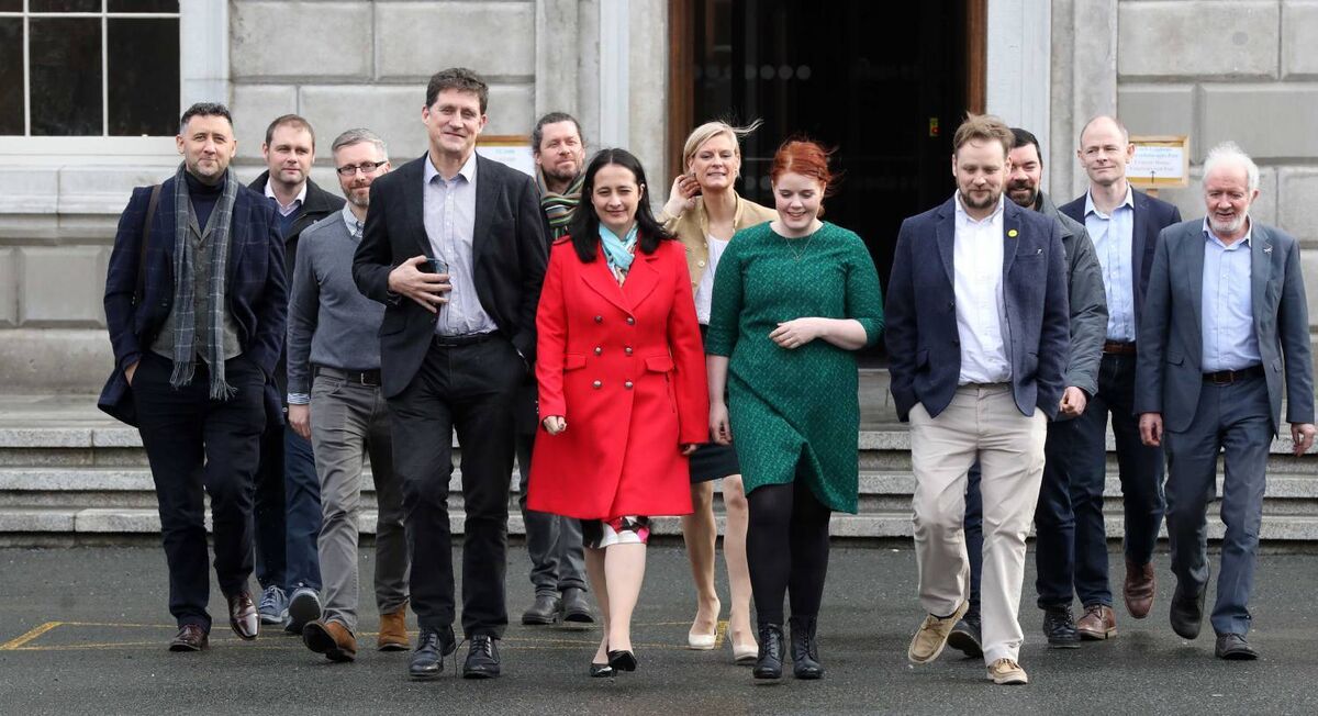 Leader of the Green Party Eamon Ryan with Deputy Leader Catherine Martin and their new TD’s on the Plinth at the Dail (Leinster House). Photo: Leah Farrell/RollingNews.ie