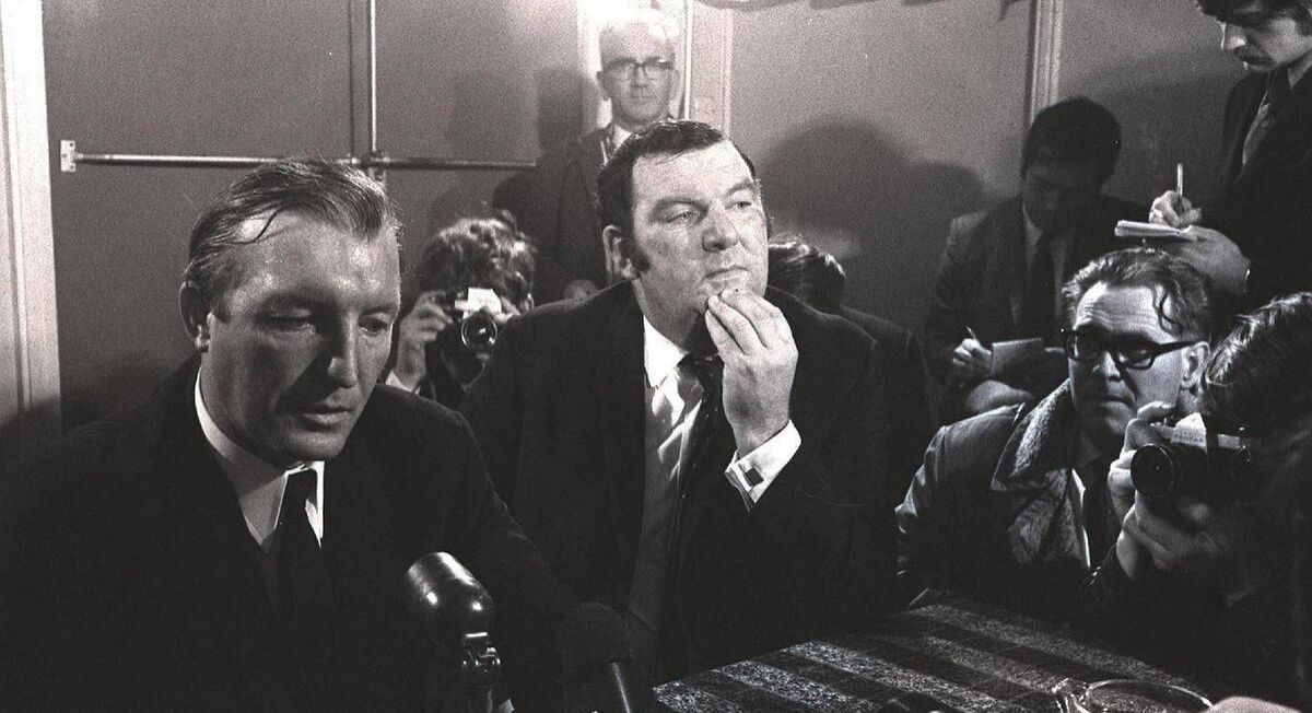 Mr Haughey talks to press with his solicitor, Patrick O’Conner, after he was aquitted of charges in the arms conspiracy trial, October 26, 1970. Photograph: Eddie Kelly/The IrishTimes