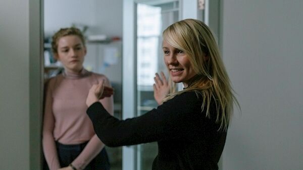 Director Kitty Green and Julia Garner on the set of The Assistant