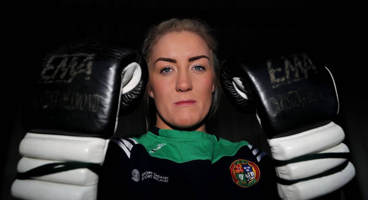 Christina Desmond: Hammering away at the punch bag in the shed. Picture: Jim Coughlan