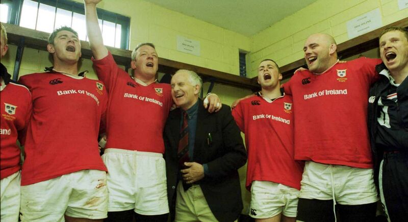 Celebrating their Heineken Cup quarter-final victory over Stade Francais on April 15, 2000 in Thomond Park, were Munster’s Eddie Halvey, Mick Galwey, manager Brian O’Brien, Marcus Horan, John Hayes and Fergal O’Callaghan. Picture: Matt Browne/Sportsfile Celebrating their Heineken Cup quarter-final victory over Stade Francais on April 15, 2000 in Thomond Park, were Munster’s Eddie Halvey, Mick Galwey, manager Brian O’Brien, Marcus Horan, John Hayes and Fergal O’Callaghan. Picture: Matt Browne/Sportsfile